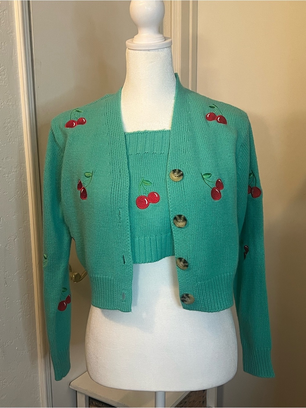 Sweet & Sinful Green Cherry Cropped Sweater Cardigan and Tank Set